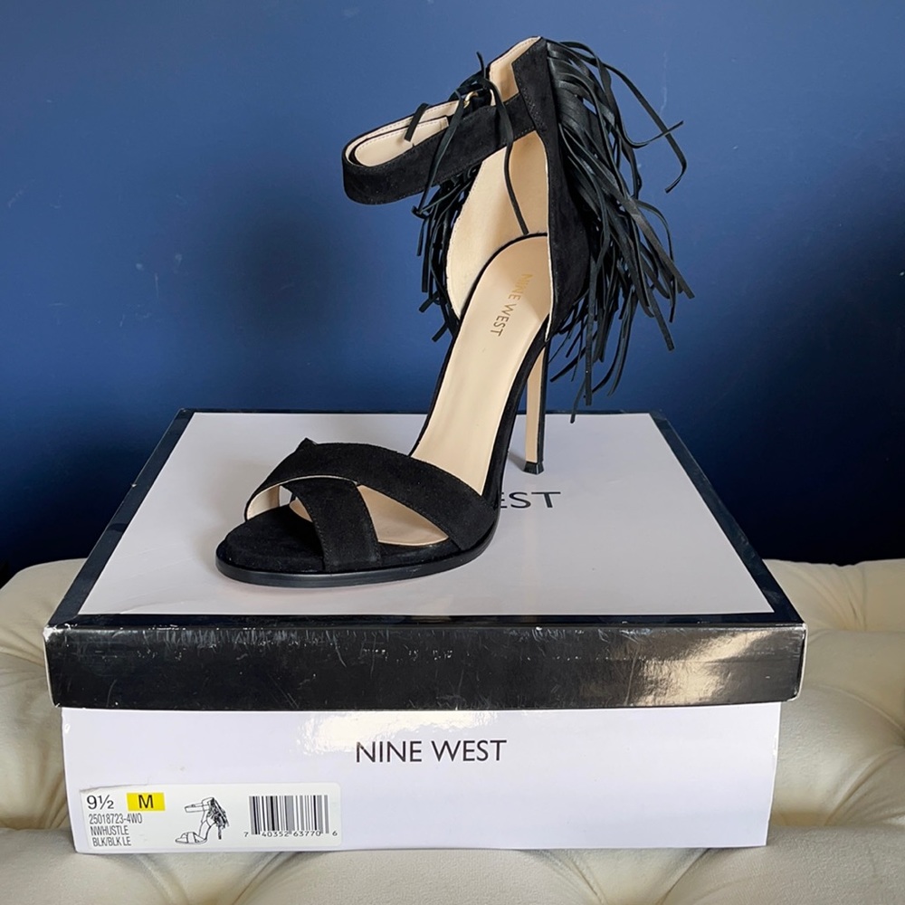 Nine West Hustle Black Strappy Heel with Fringe